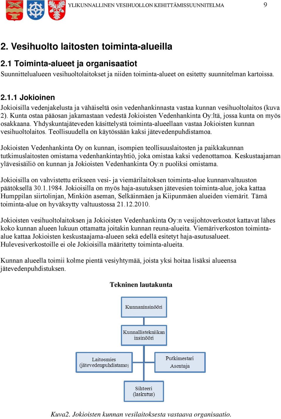 Kunta ostaa pääosan jakamastaan vedestä Jokioisten Vedenhankinta Oy:ltä, jossa kunta on myös osakkaana. Yhdyskuntajäteveden käsittelystä toiminta-alueellaan vastaa Jokioisten kunnan vesihuoltolaitos.