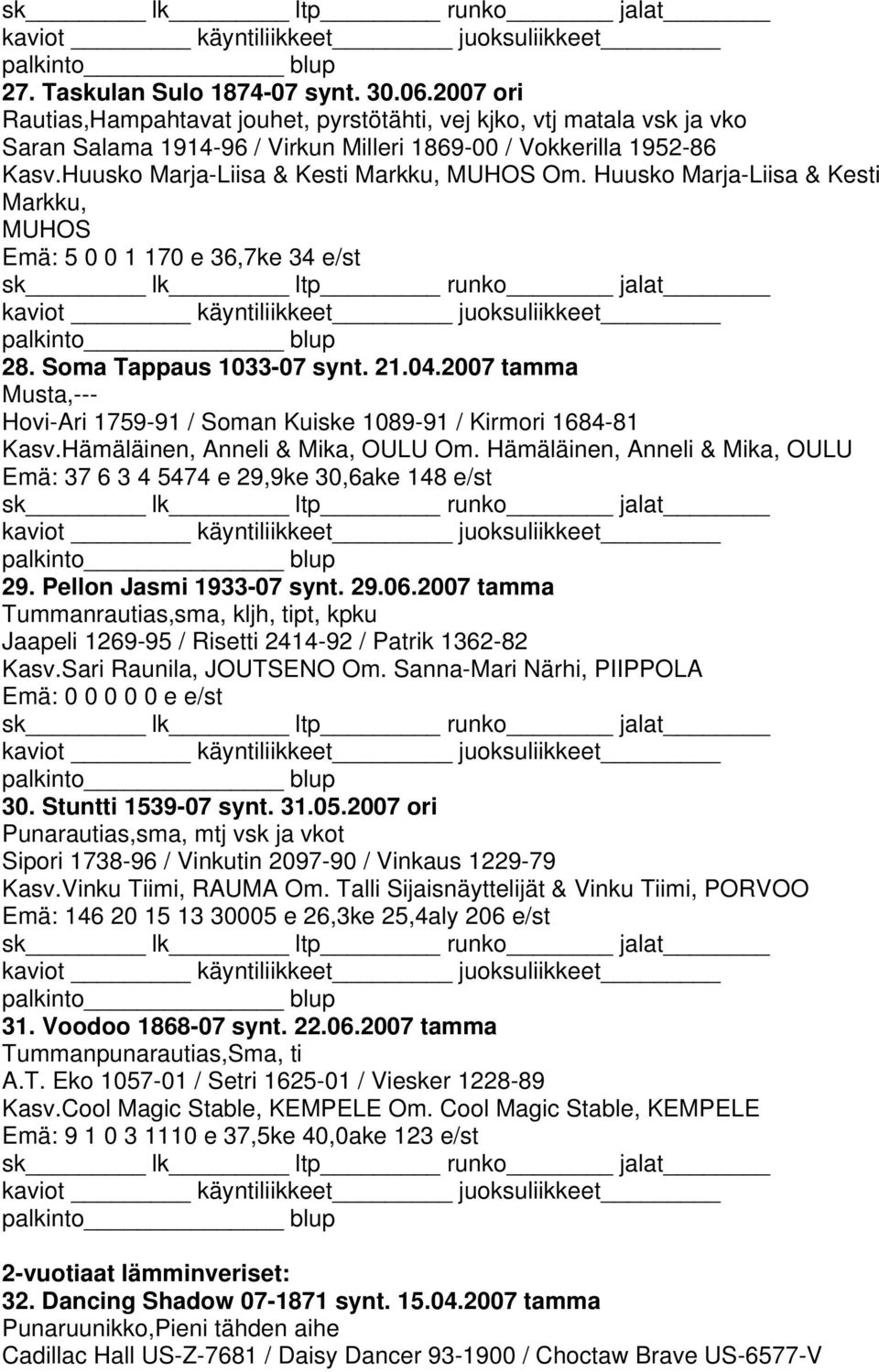 2007 tamma Musta,--- Hovi-Ari 1759-91 / Soman Kuiske 1089-91 / Kirmori 1684-81 Kasv.Hämäläinen, Anneli & Mika, OULU Om. Hämäläinen, Anneli & Mika, OULU Emä: 37 6 3 4 5474 e 29,9ke 30,6ake 148 e/st 29.