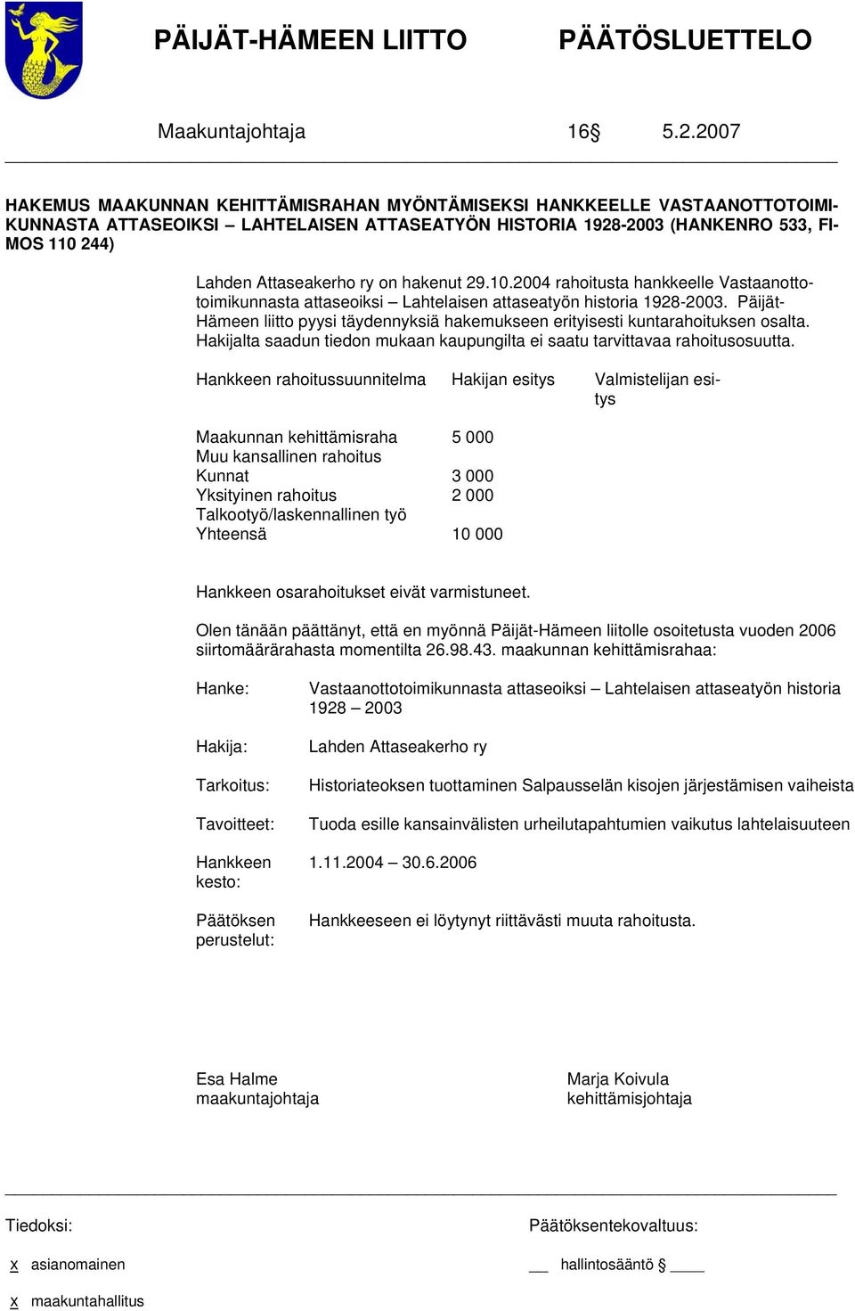 ry on hakenut 29.10.2004 rahoitusta hankkeelle Vastaanottotoimikunnasta attaseoiksi Lahtelaisen attaseatyön historia 1928-2003.