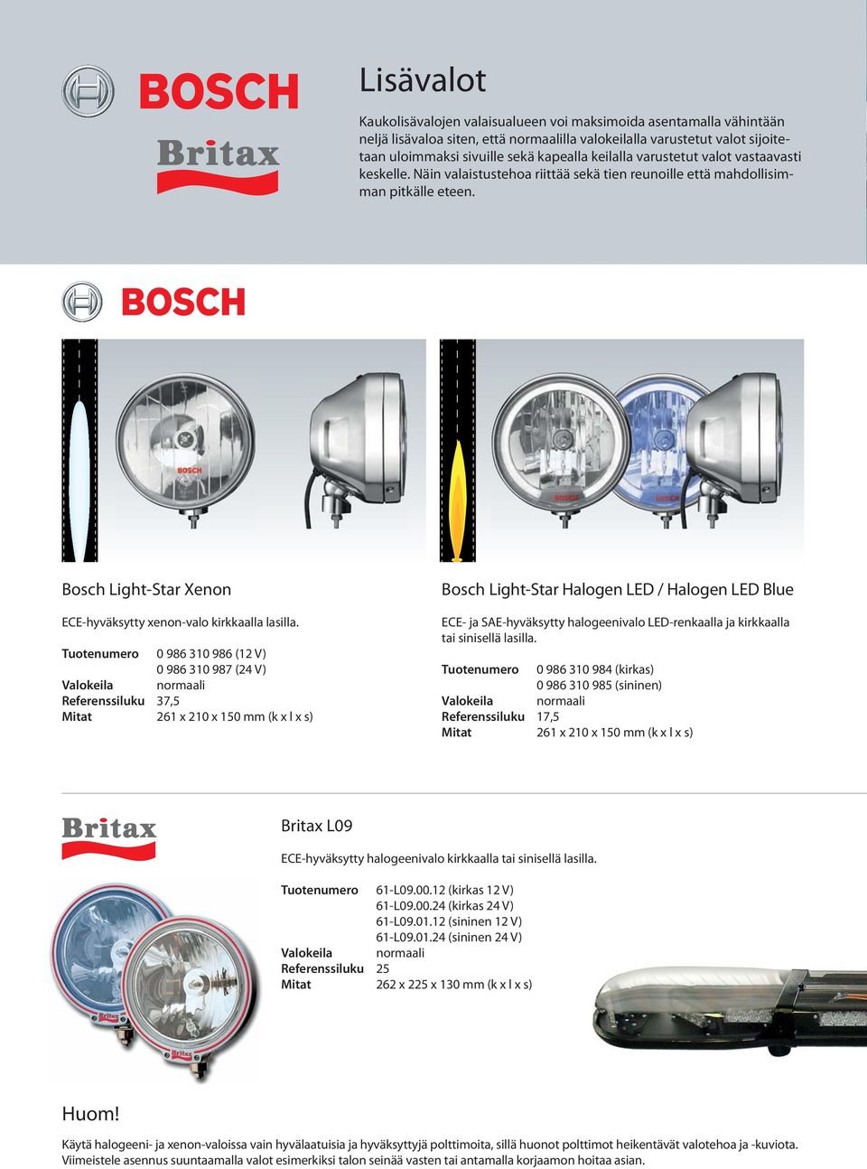 Tuotenumero 0 986 310 986 (12 V) 0 986 310 987 (24 V) Valokeila normaali Referenssiluku 37,5 Mitat 261 x 210 x 150 mm (k x l x s) Bosch Light-Star Halogen LED / Halogen LED Blue ECE- ja