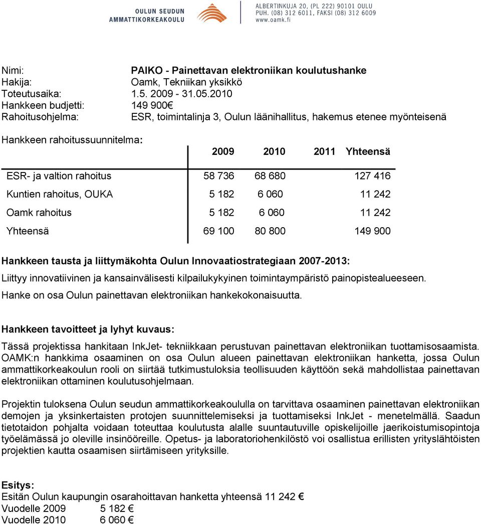 58 736 68 680 127 416 Kuntien rahoitus, OUKA 5 182 6 060 11 242 Oamk rahoitus 5 182 6 060 11 242 Yhteensä 69 100 80 800 149 900 Liittyy innovatiivinen ja kansainvälisesti kilpailukykyinen