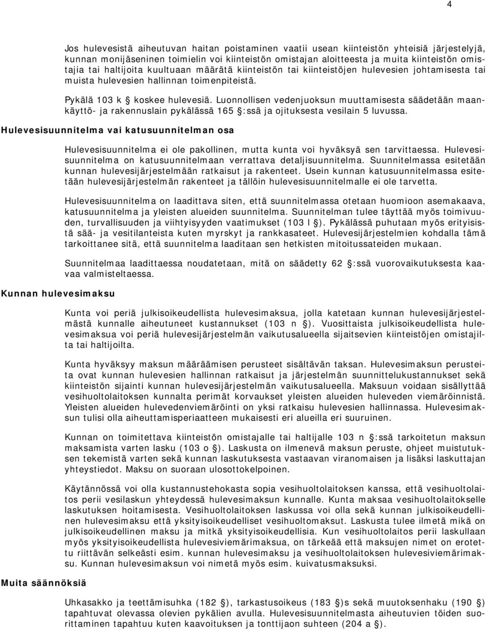 Luonnollisen vedenjuoksun muuttamisesta säädetään maankäyttö- ja rakennuslain pykälässä 165 :ssä ja ojituksesta vesilain 5 luvussa.