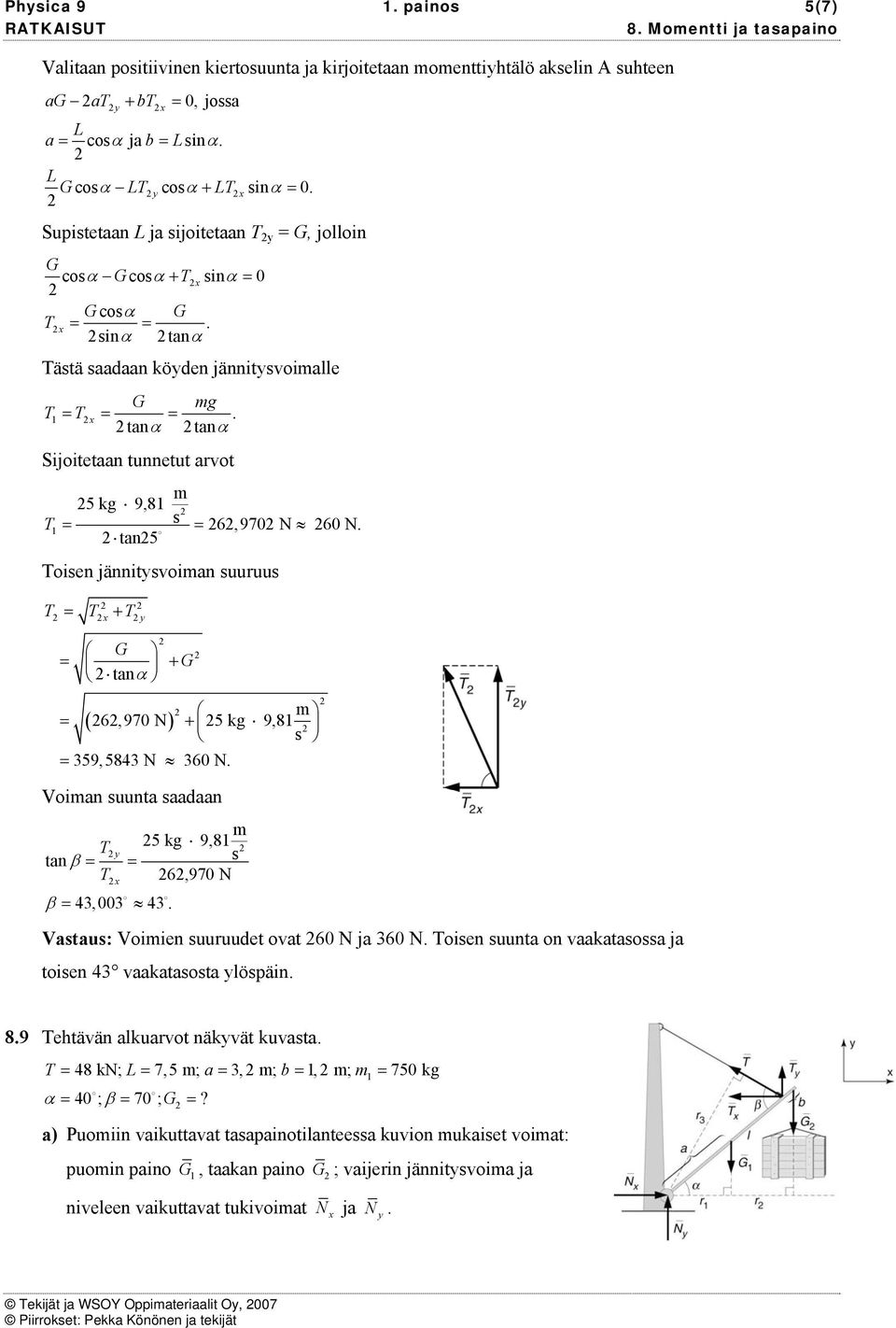T tan5 Toien jännityvoian uuruu T T + T y G + G tanα ( 6,970 ) + 5 kg 9,8 59,584 60. Voian uunta aadaan T 5 kg 9,8 y tan β T 6,970 β 4,00 4. Vatau: Voiien uuruudet ovat 60 ja 60.