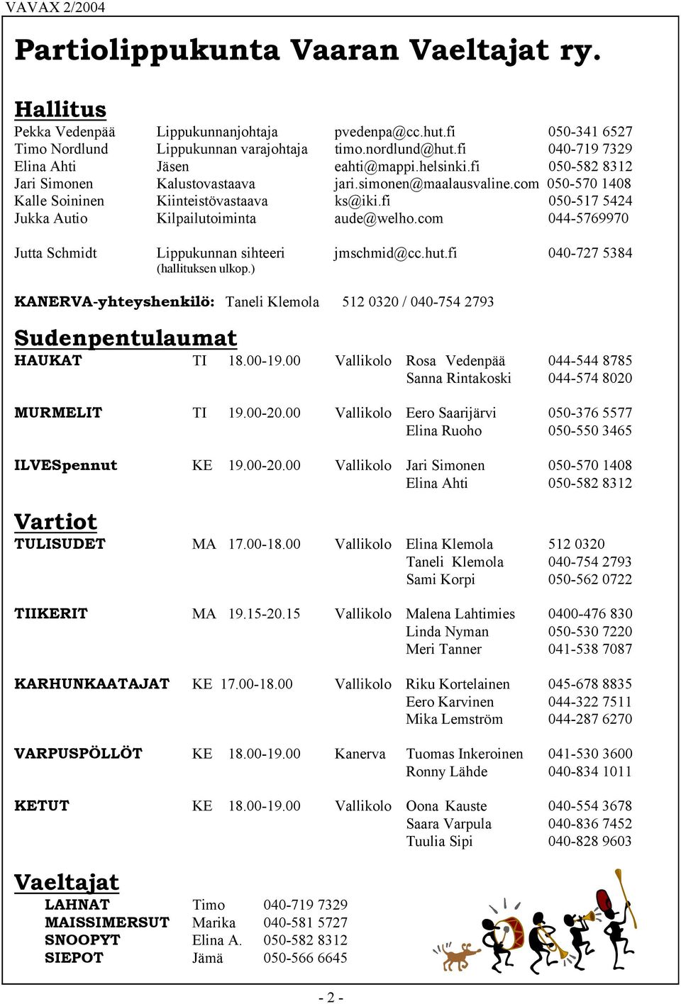 fi 050-517 5424 Jukka Autio Kilpailutoiminta aude@welho.com 044-5769970 Jutta Schmidt Lippukunnan sihteeri jmschmid@cc.hut.fi 040-727 5384 (hallituksen ulkop.