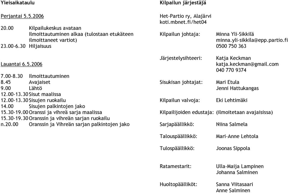 30 Ilmoittautuminen 8.45 Avajaiset 9.00 Lähtö 12.00-13.30 Sisut maalissa 12.00-13.30 Sisujen ruokailu 14.00 Sisujen palkintojen jako 15.30-19.00 Oranssi ja vihreä sarja maalissa 15.30-19.30 Oranssin ja vihreän sarjan ruokailu n.