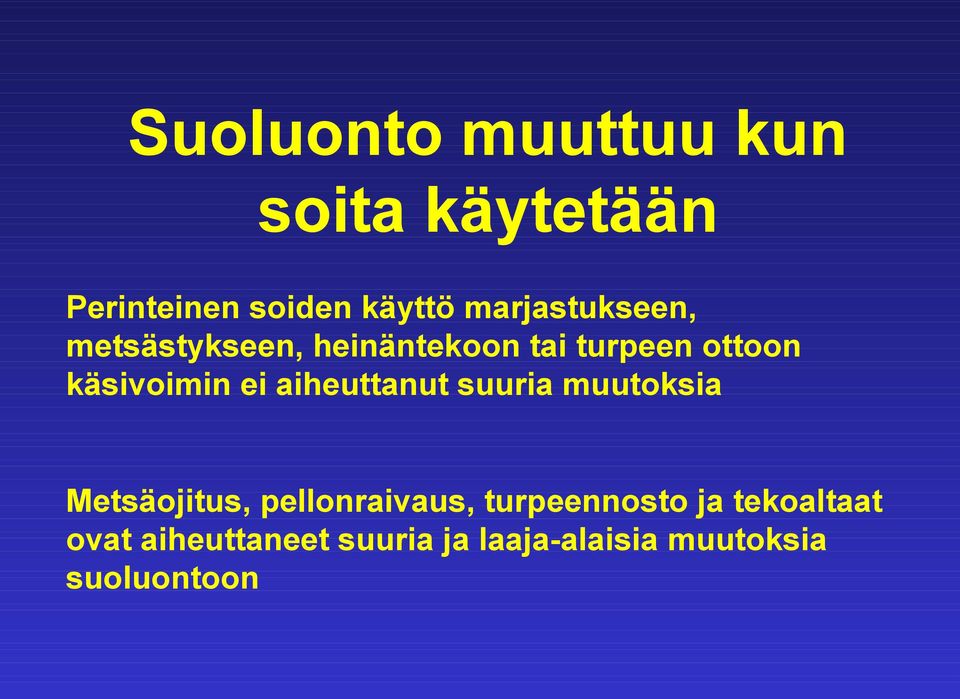 käsivoimin ei aiheuttanut suuria muutoksia Metsäojitus, pellonraivaus,