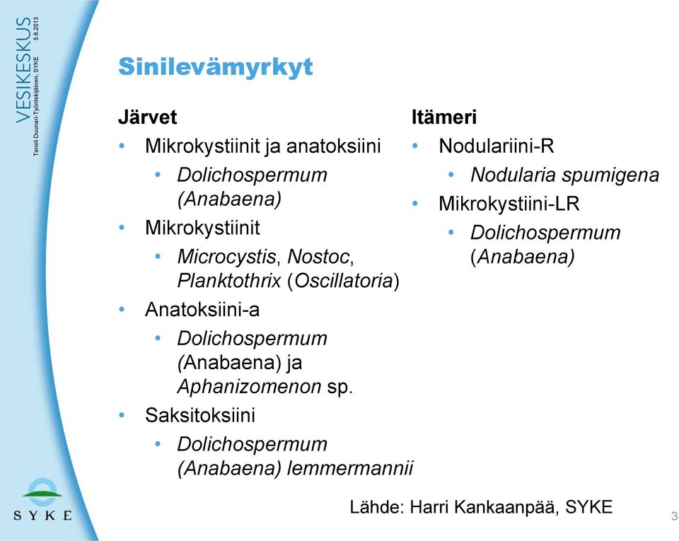 Microcystis, Nostoc, Planktothrix (Oscillatoria) Anatoksiini-a Dolichospermum (Anabaena) ja