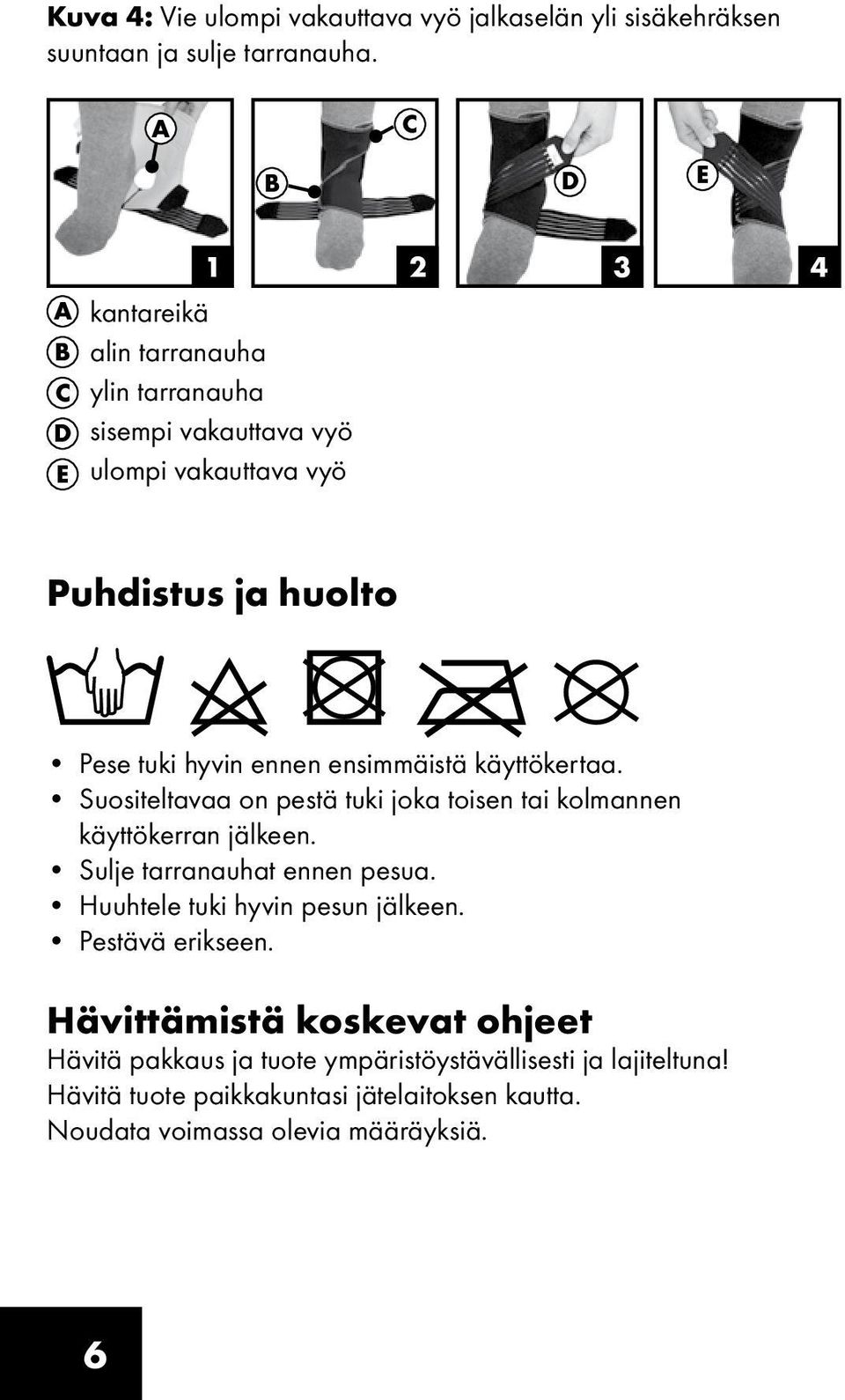 ennen ensimmäistä käyttökertaa. Suositeltavaa on pestä tuki joka toisen tai kolmannen käyttökerran jälkeen. Sulje tarranauhat ennen pesua.