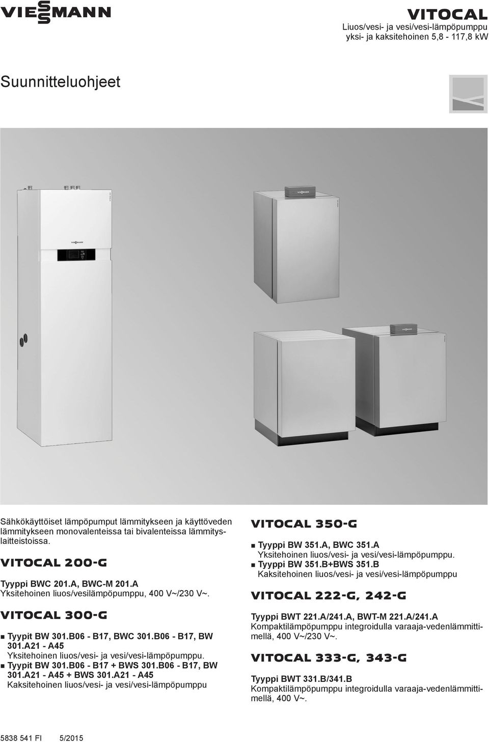 A1 - A5 Yksitehoinen liuos/vesi- ja vesi/vesi-lämpöpumppu. Tyypit BW 31.B - B17 + BWS 31.B - B17, BW 31.A1 - A5 + BWS 31.