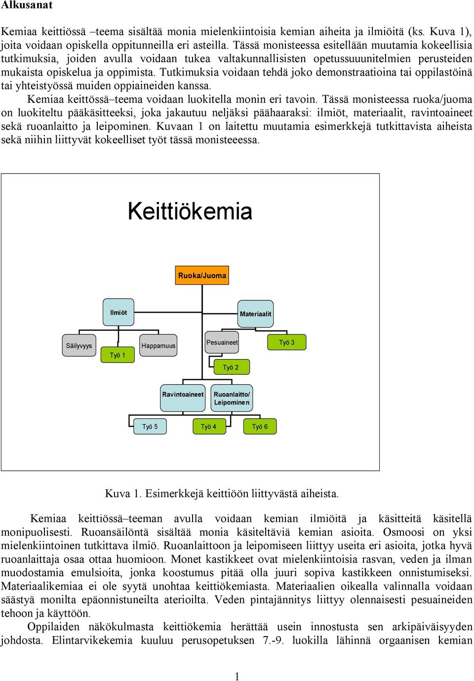 Tutkimuksia voidaan tehdä joko demonstraatioina tai oppilastöinä tai yhteistyössä muiden oppiaineiden kanssa. Kemiaa keittössä teema voidaan luokitella monin eri tavoin.