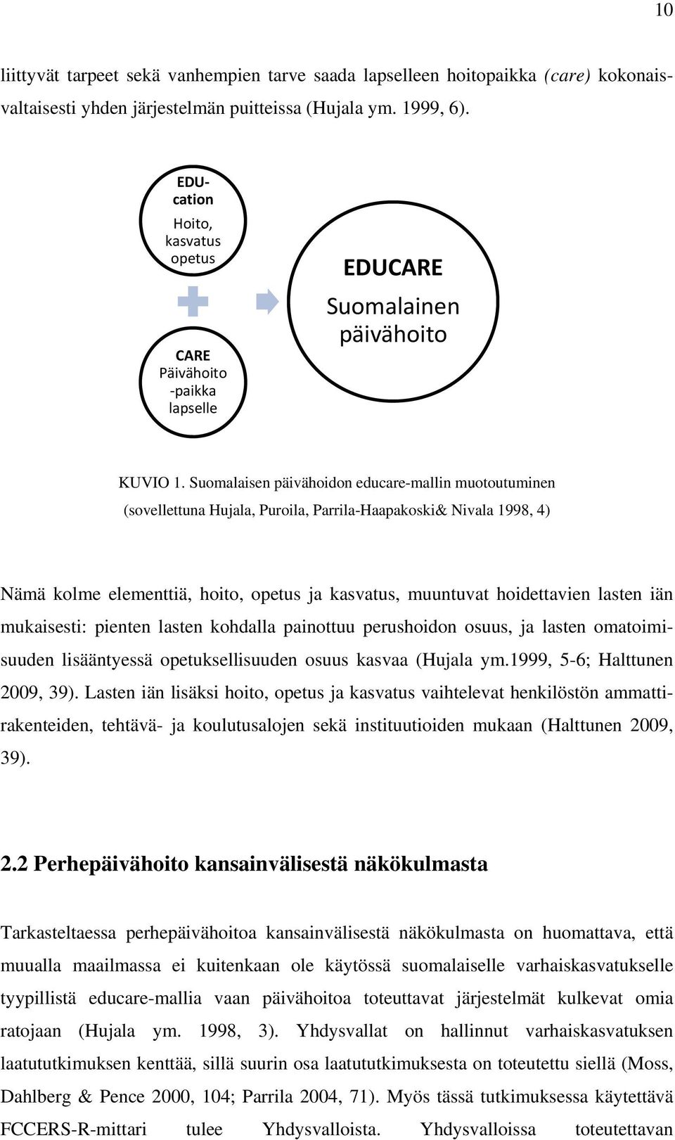 Suomalaisen päivähoidon educare-mallin muotoutuminen (sovellettuna Hujala, Puroila, Parrila-Haapakoski& Nivala 1998, 4) Nämä kolme elementtiä, hoito, opetus ja kasvatus, muuntuvat hoidettavien lasten