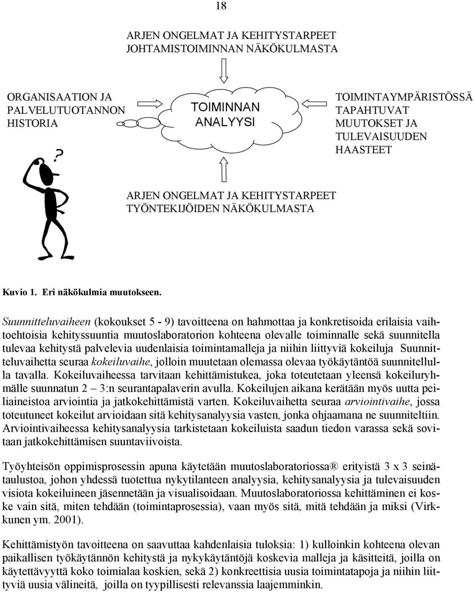 Suunnitteluvaiheen (kokoukset 5-9) tavoitteena on hahmottaa ja konkretisoida erilaisia vaihtoehtoisia kehityssuuntia muutoslaboratorion kohteena olevalle toiminnalle sekä suunnitella tulevaa