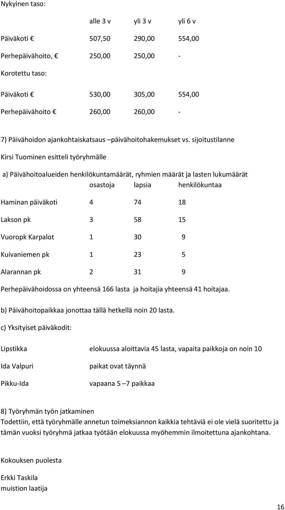 sijoitustilanne Kirsi Tuominen esitteli työryhmälle a) Päivähoitoalueiden henkilökuntamäärät, ryhmien määrät ja lasten lukumäärät osastoja lapsia henkilökuntaa Haminan päiväkoti 4 74 18 Lakson pk 3