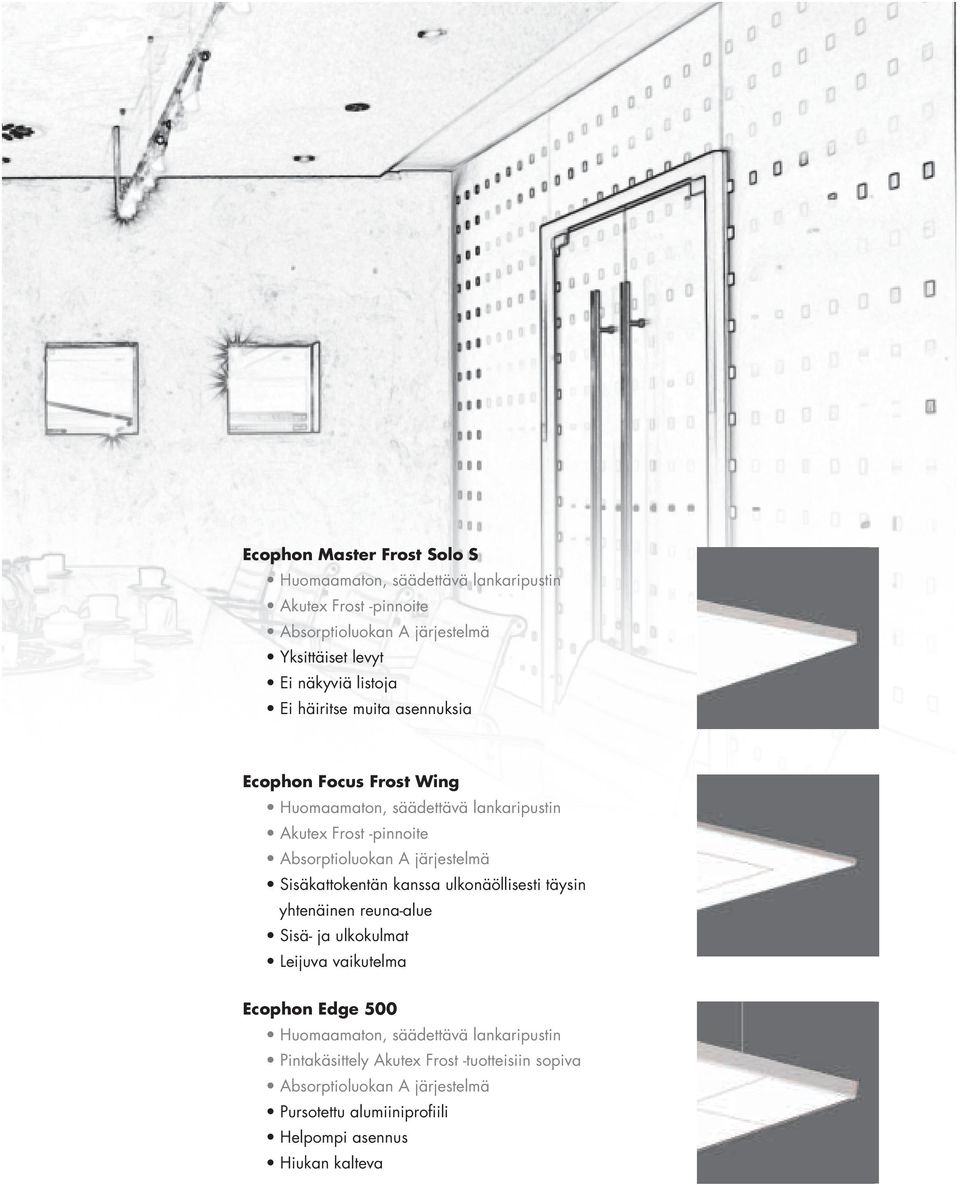 järjestelmä Sisäkattokentän kanssa ulkonäöllisesti täysin yhtenäinen reuna-alue Sisä- ja ulkokulmat Leijuva vaikutelma Ecophon Edge 500 Huomaamaton,