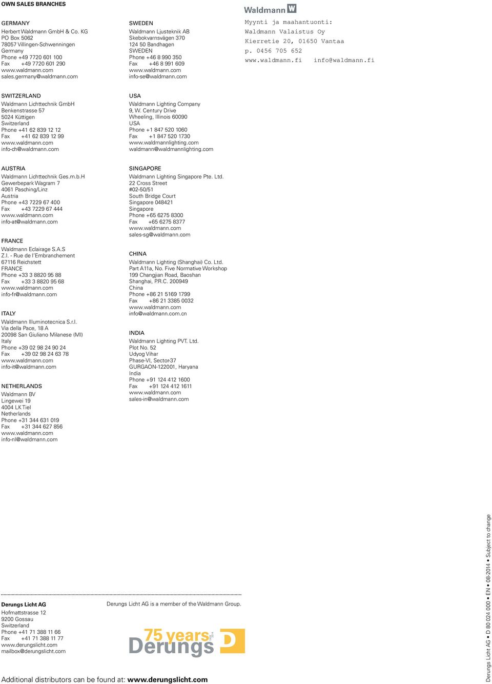 com SWITZERLAND Waldmann Lichttechnik GmbH Benkenstrasse 57 5024 Küttigen Switzerland Phone +41 62 839 12 12 Fax +41 62 839 12 99 info-ch@waldmann.com USA Waldmann Lighting Company 9, W.