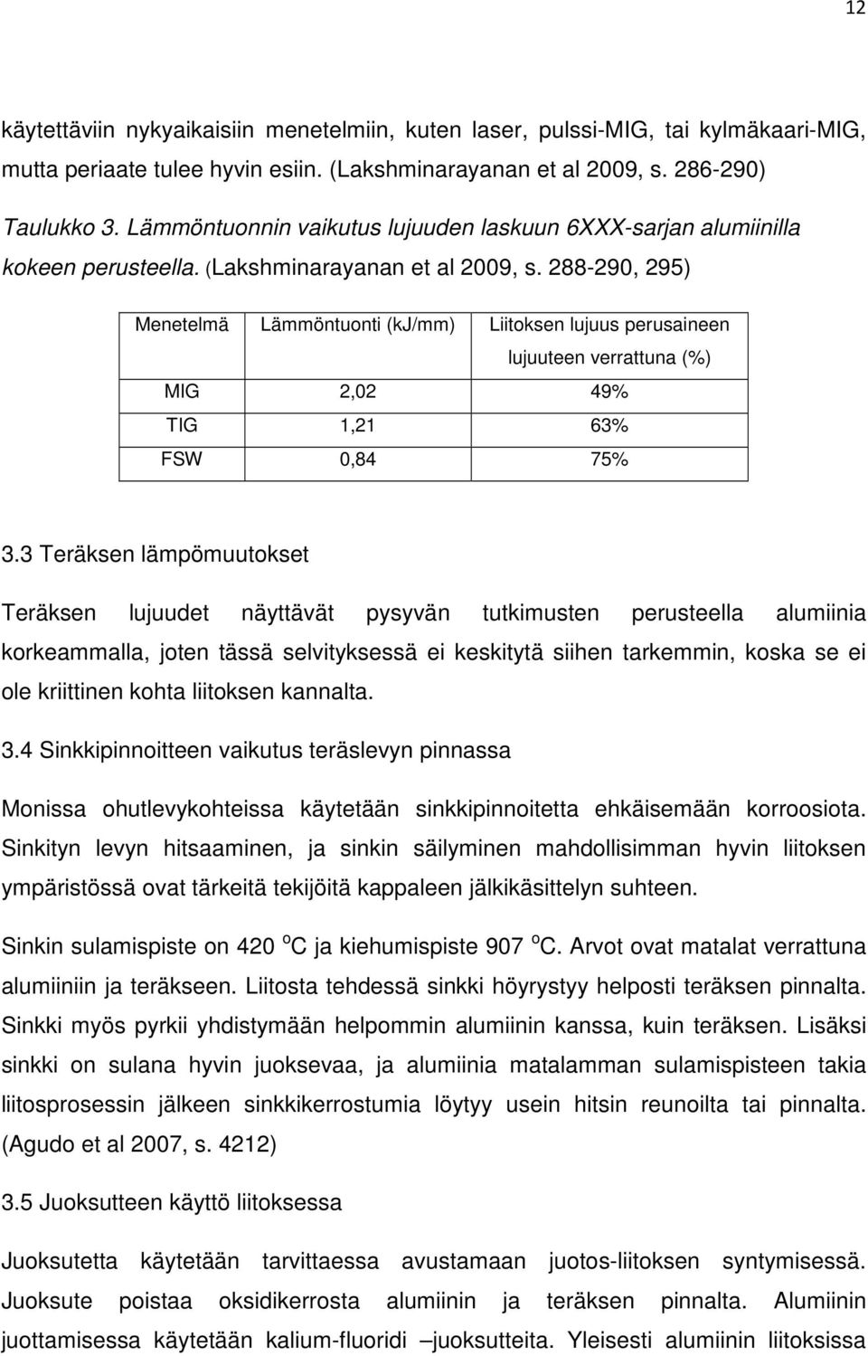 288-290, 295) Menetelmä Lämmöntuonti (kj/mm) Liitoksen lujuus perusaineen lujuuteen verrattuna (%) MIG 2,02 49% TIG 1,21 63% FSW 0,84 75% 3.