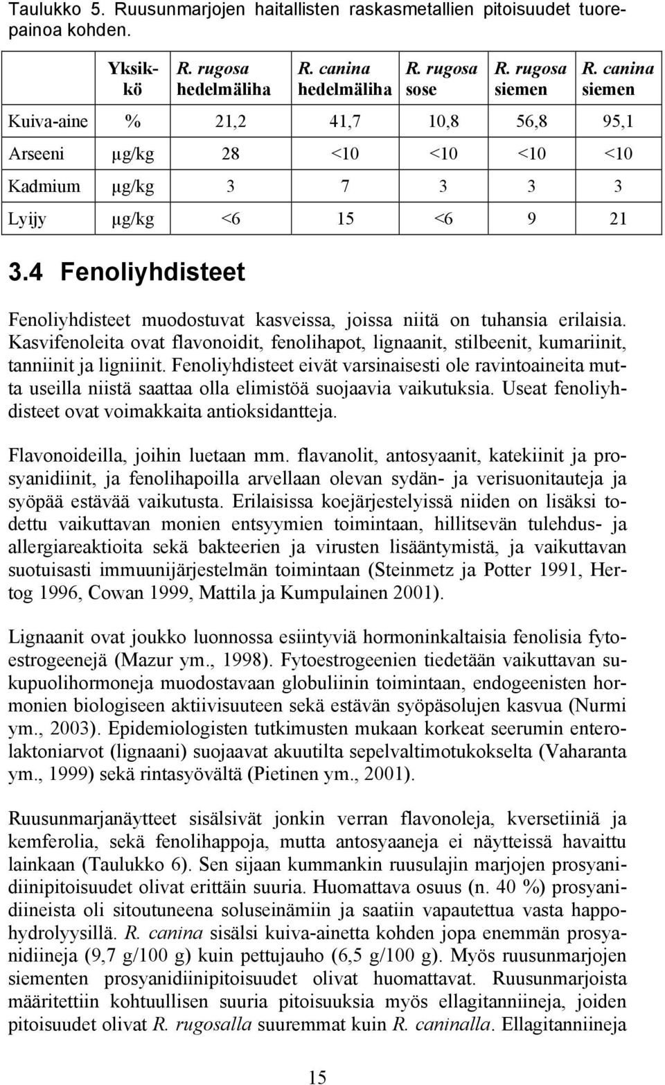 4 Fenoliyhdisteet Fenoliyhdisteet muodostuvat kasveissa, joissa niitä on tuhansia erilaisia. Kasvifenoleita ovat flavonoidit, fenolihapot, lignaanit, stilbeenit, kumariinit, tanniinit ja ligniinit.