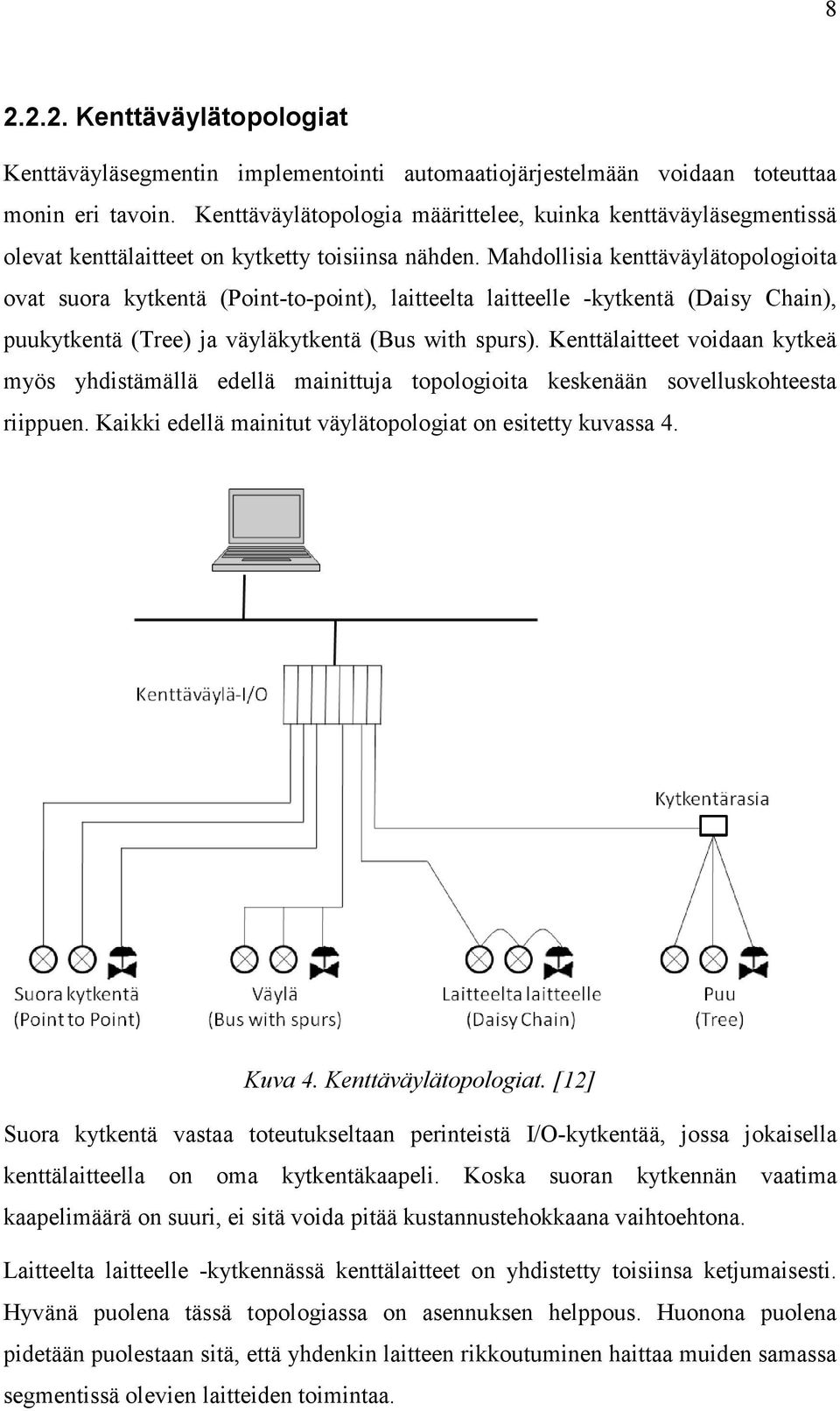 Mahdollisia kenttäväylätopologioita ovat suora kytkentä (Point-to-point), laitteelta laitteelle -kytkentä (Daisy Chain), puukytkentä (Tree) ja väyläkytkentä (Bus with spurs).