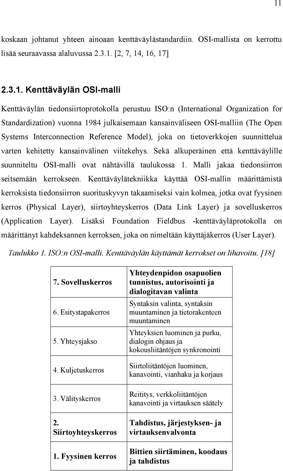 tietoverkkojen suunnittelua varten kehitetty kansainvälinen viitekehys. Sekä alkuperäinen että kenttäväylille suunniteltu OSI-malli ovat nähtävillä taulukossa 1.