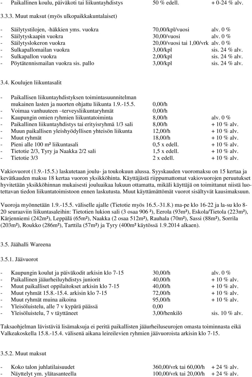 24 % alv. - Pöytätennismailan vuokra sis. pallo 3,00/kpl sis. 24 % alv. 3.4. Koulujen liikuntasalit - Paikallisen liikuntayhdistyksen toimintasuunnitelman mukainen lasten ja nuorten ohjattu liikunta 1.