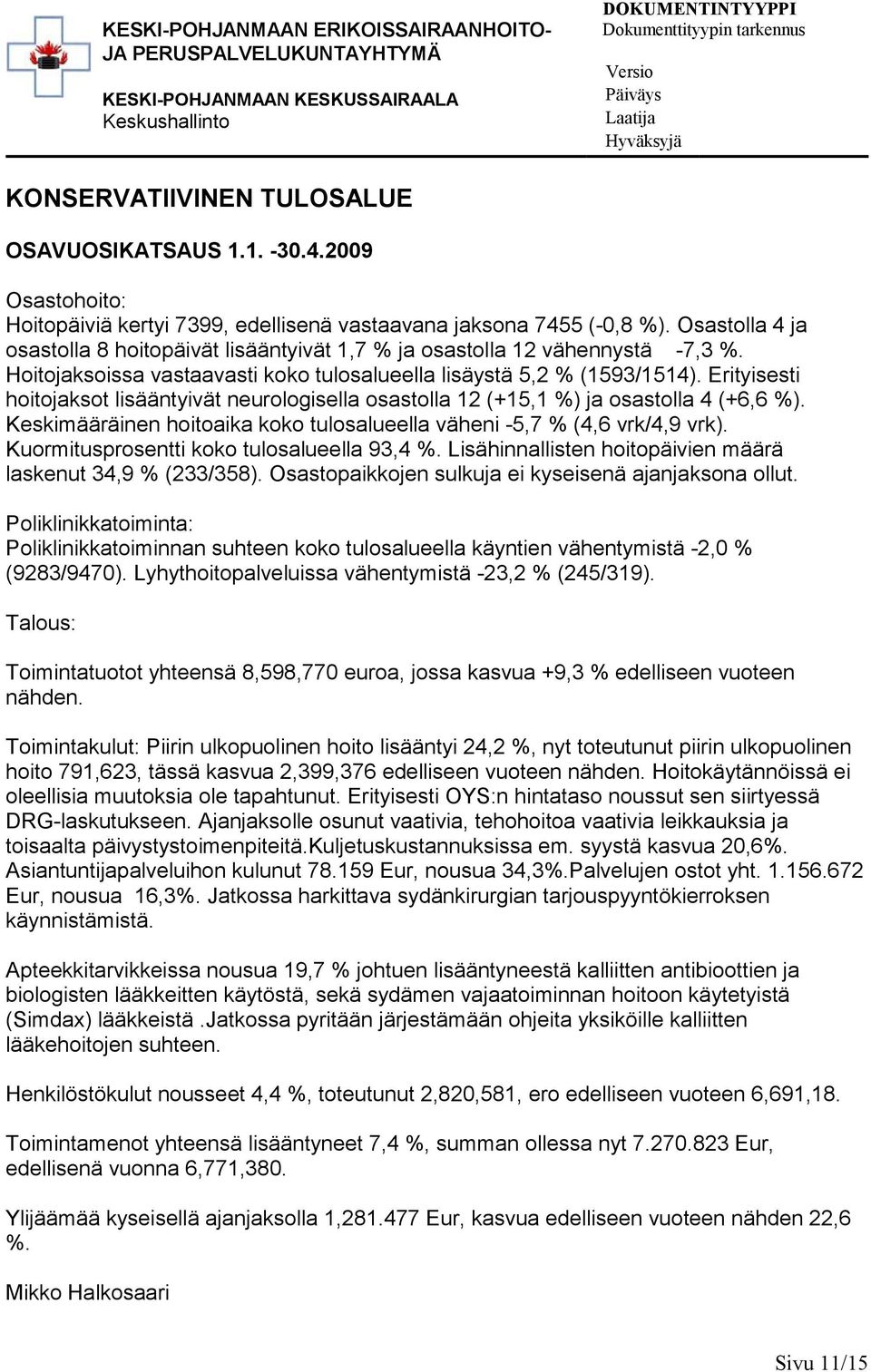 Osastolla 4 ja osastolla 8 hoitopäivät lisääntyivät 1,7 % ja osastolla 12 vähennystä -7,3 %. Hoitojaksoissa vastaavasti koko tulosalueella lisäystä 5,2 % (1593/1514).