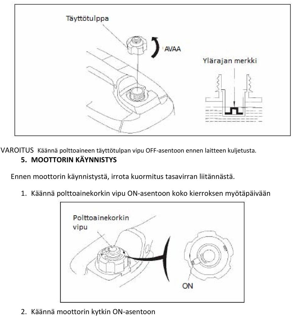 MOOTTORIN KÄYNNISTYS Ennen moottorin käynnistystä, irrota kuormitus