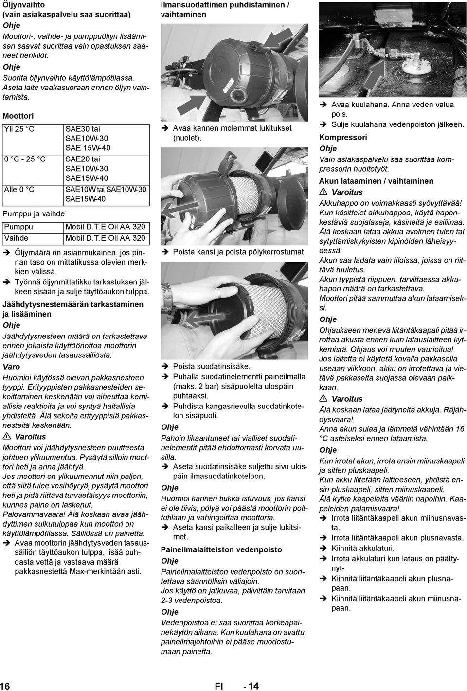 Moottori Yli 25 C SAE30 tai SAE10W-30 SAE 15W-40 0 C - 25 C SAE20 tai SAE10W-30 SAE15W-40 Alle 0 C SAE10W tai SAE10W-30 SAE15W-40 Pumppu ja vaihde Pumppu Mobil D.T.