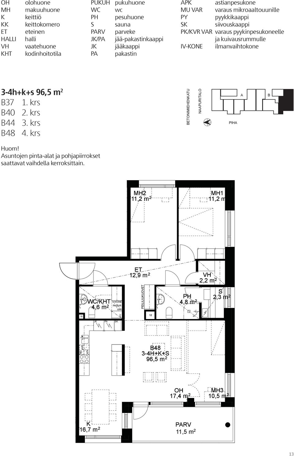 2 B37 1. krs B40 2. krs B44 3. krs B48 4. krs BONIMIEHENTU NPURITLO PIH B Huom! suntojen pinta-alat ja pohjapiirrokset saattavat vaihdella kerroksittain.