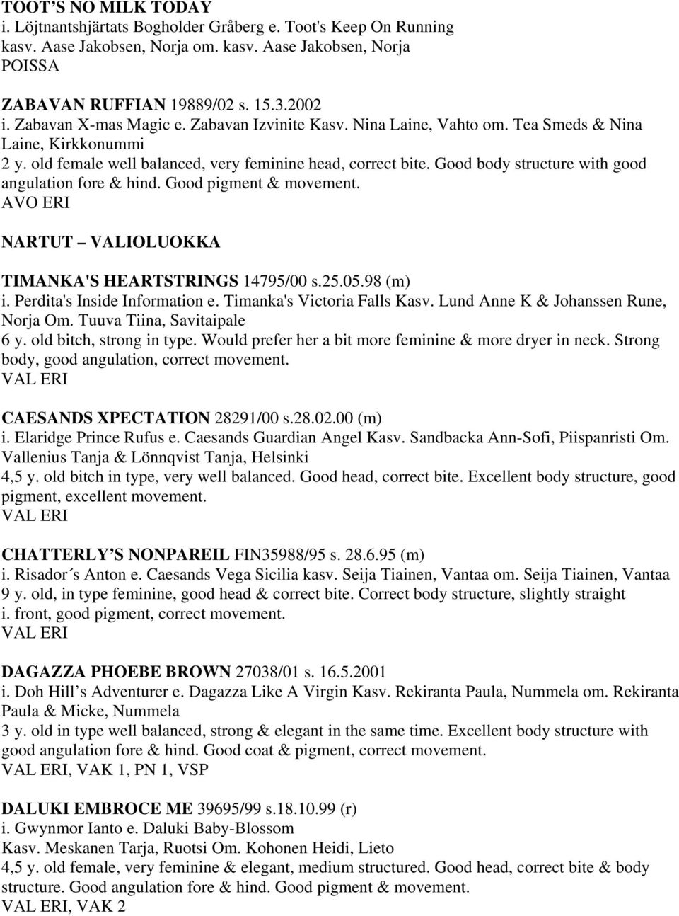 Good body structure with good angulation fore & hind. Good pigment & movement. AVO ERI NARTUT VALIOLUOKKA TIMANKA'S HEARTSTRINGS 14795/00 s.25.05.98 (m) i. Perdita's Inside Information e.