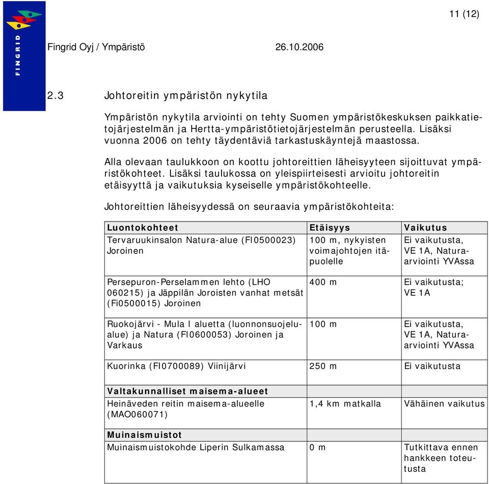 Lisäksi taulukossa on yleispiirteisesti arvioitu johtoreitin etäisyyttä ja vaikutuksia kyseiselle ympäristökohteelle.