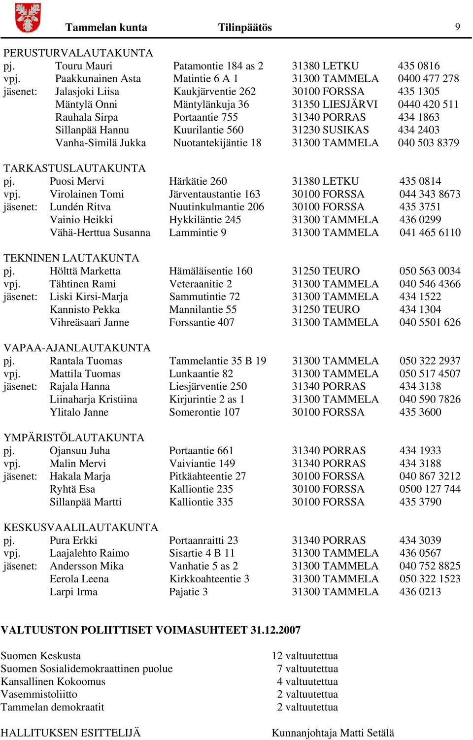 Portaantie 755 31340 PORRAS 434 1863 Sillanpää Hannu Kuurilantie 560 31230 SUSIKAS 434 2403 Vanha-Similä Jukka Nuotantekijäntie 18 31300 TAMMELA 040 503 8379 TARKASTUSLAUTAKUNTA pj.