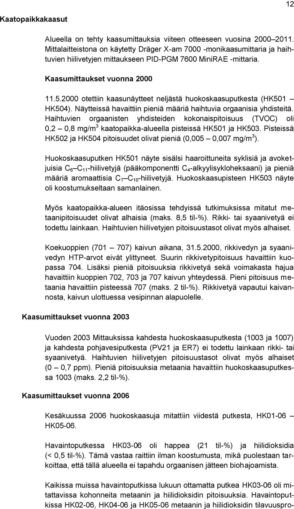 2000 otettiin kaasunäytteet neljästä huokoskaasuputkesta (HK501 HK504). Näytteissä havaittiin pieniä määriä haihtuvia orgaanisia yhdisteitä.