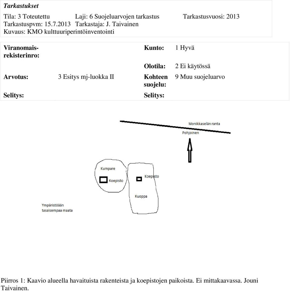 Taivainen Kuvaus: KMO kulttuuriperintöinventointi Viranomaisrekisterinro: Kunto: Olotila: Arvotus: 3 Esitys