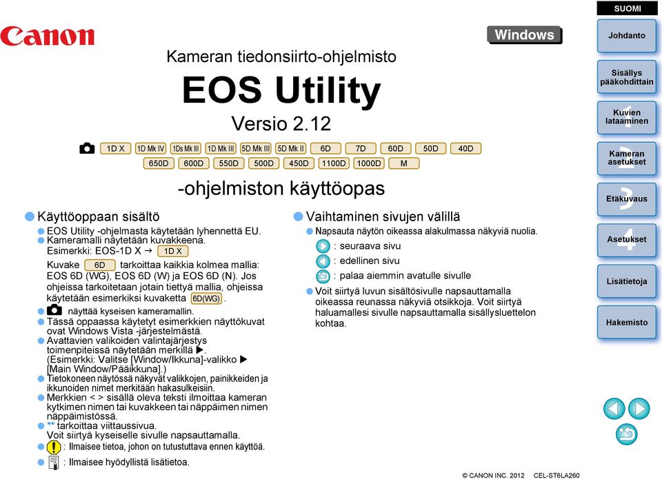 Jos ohjeissa tarkoitetaan jotain tiettyä mallia, ohjeissa käytetään esimerkiksi kuvaketta 6D(WG). näyttää kyseisen kameramallin.