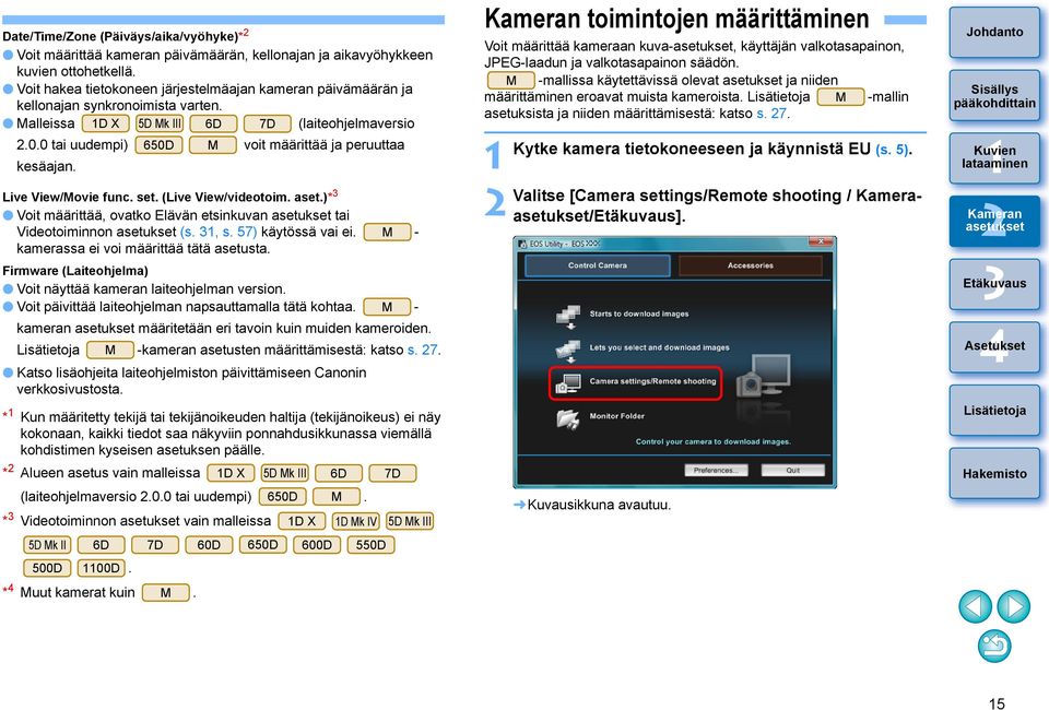 0 tai uudempi) 650D M voit määrittää ja peruuttaa kesäajan. Live View/Movie func. set. (Live View/videotoim. aset.)* Voit määrittää, ovatko Elävän etsinkuvan tai Videotoiminnon (s., s.