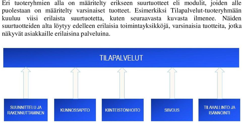 Esimerkiksi Tilapalvelut-tuoteryhmään kuuluu viisi erilaista suurtuotetta, kuten seuraavasta