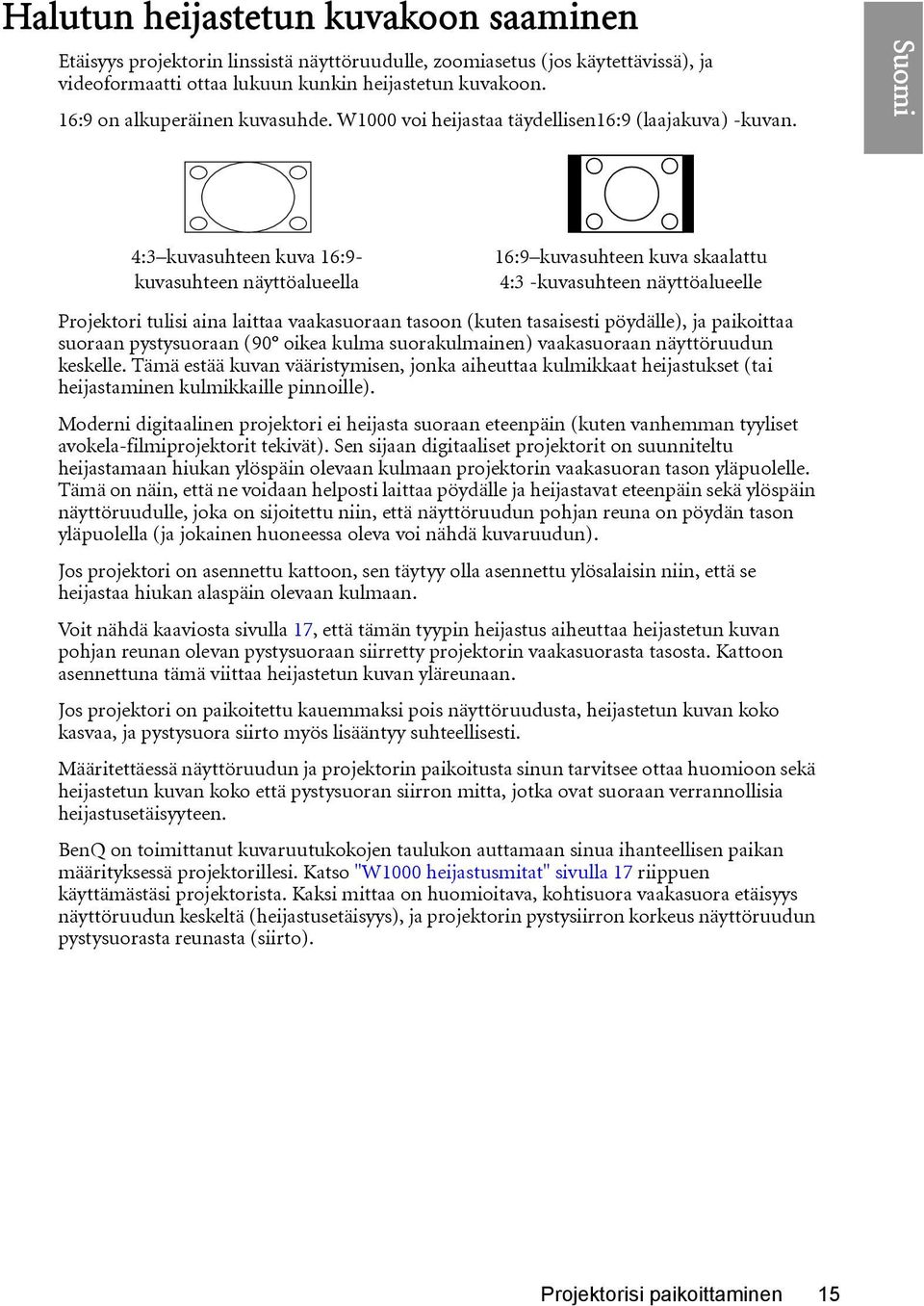 4:3 kuvasuhteen kuva 16:9- kuvasuhteen näyttöalueella 16:9 kuvasuhteen kuva skaalattu 4:3 -kuvasuhteen näyttöalueelle Projektori tulisi aina laittaa vaakasuoraan tasoon (kuten tasaisesti pöydälle),