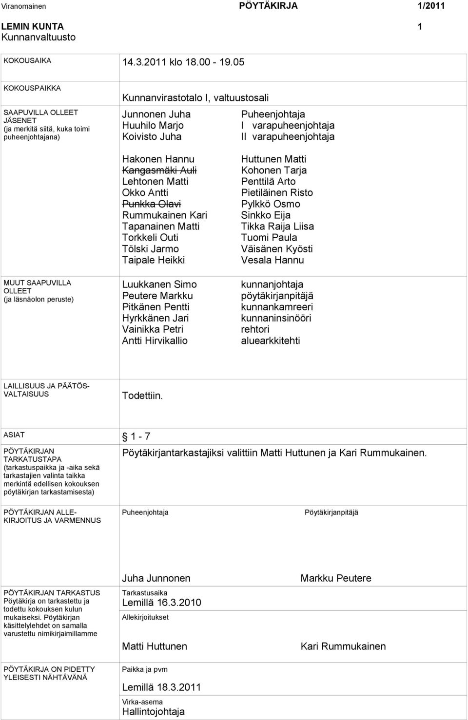 II varapuheenjohtaja MUUT SAAPUVILLA OLLEET (ja läsnäolon peruste) Hakonen Hannu Kangasmäki Auli Lehtonen Matti Okko Antti Punkka Olavi Rummukainen Kari Tapanainen Matti Torkkeli Outi Tölski Jarmo