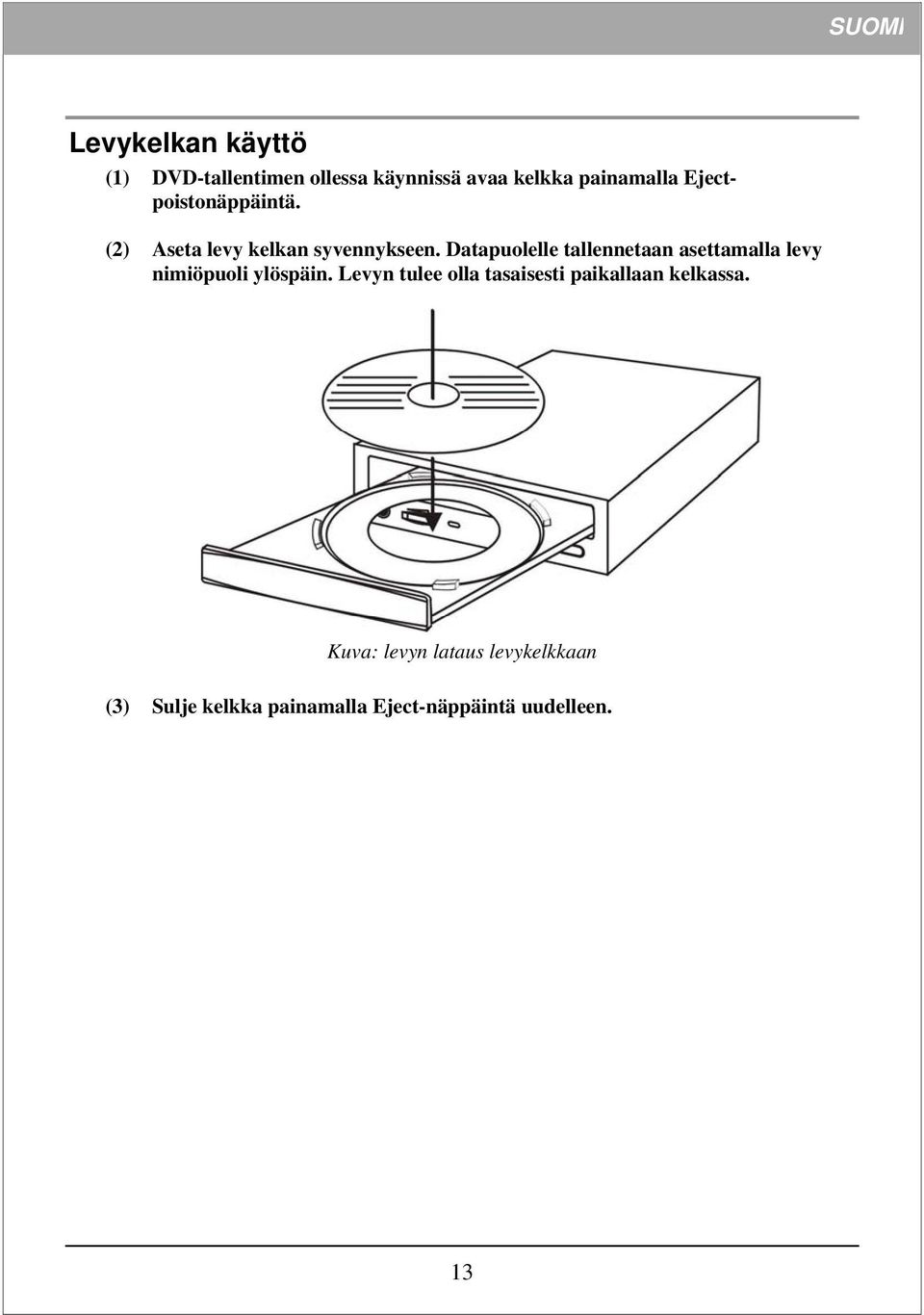 Datapuolelle tallennetaan asettamalla levy nimiöpuoli ylöspäin.