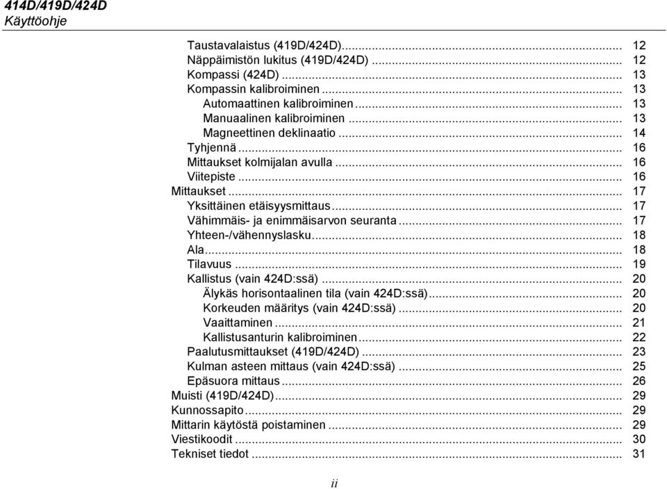 .. 17 Vähimmäis- ja enimmäisarvon seuranta... 17 Yhteen-/vähennyslasku... 18 Ala... 18 Tilavuus... 19 Kallistus (vain 424D:ssä)... 20 Älykäs horisontaalinen tila (vain 424D:ssä).