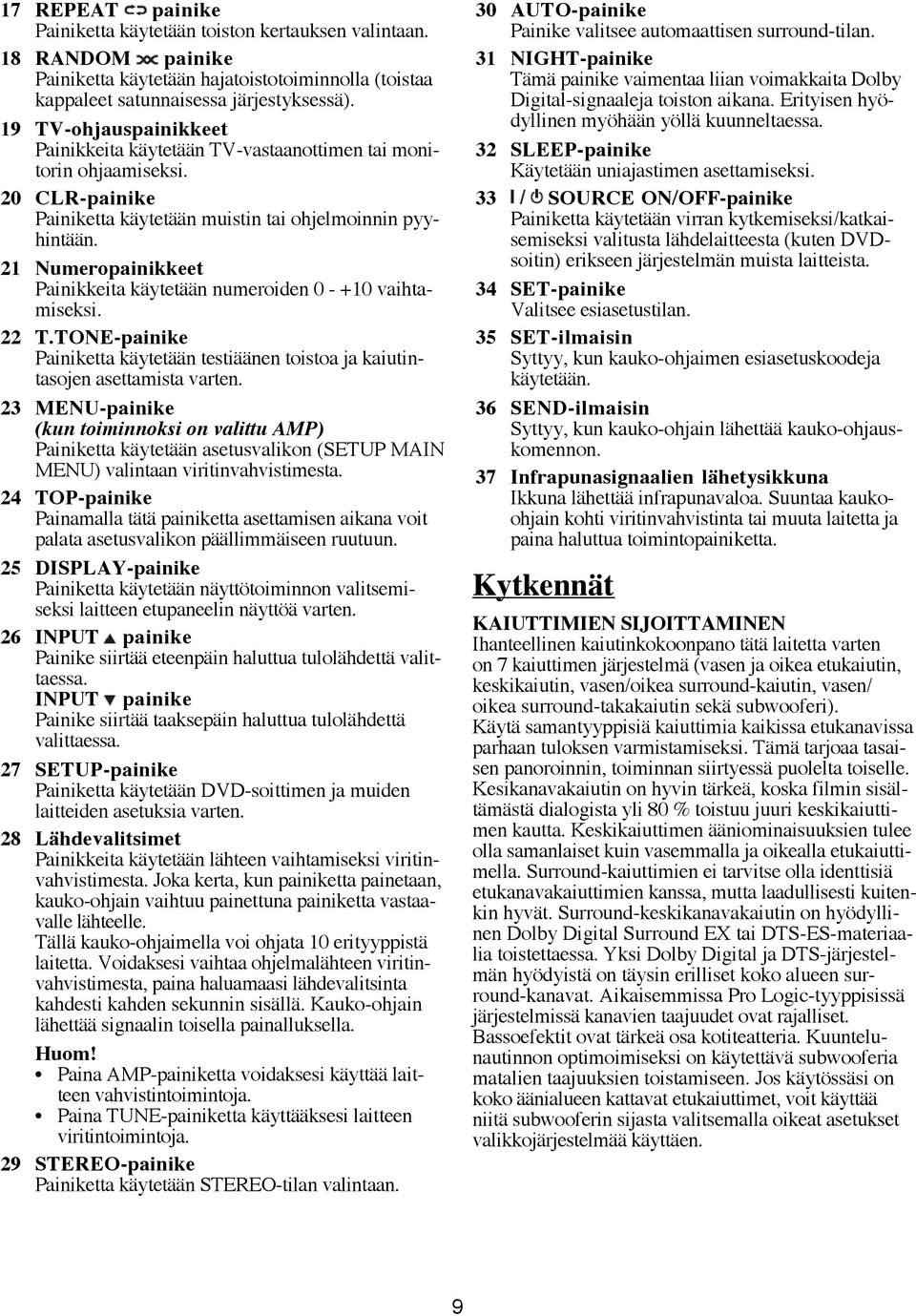 21 Numeropainikkeet Painikkeita käytetään numeroiden 0 - +10 vaihtamiseksi. 22 T.TONE-painike Painiketta käytetään testiäänen toistoa ja kaiutintasojen asettamista varten.