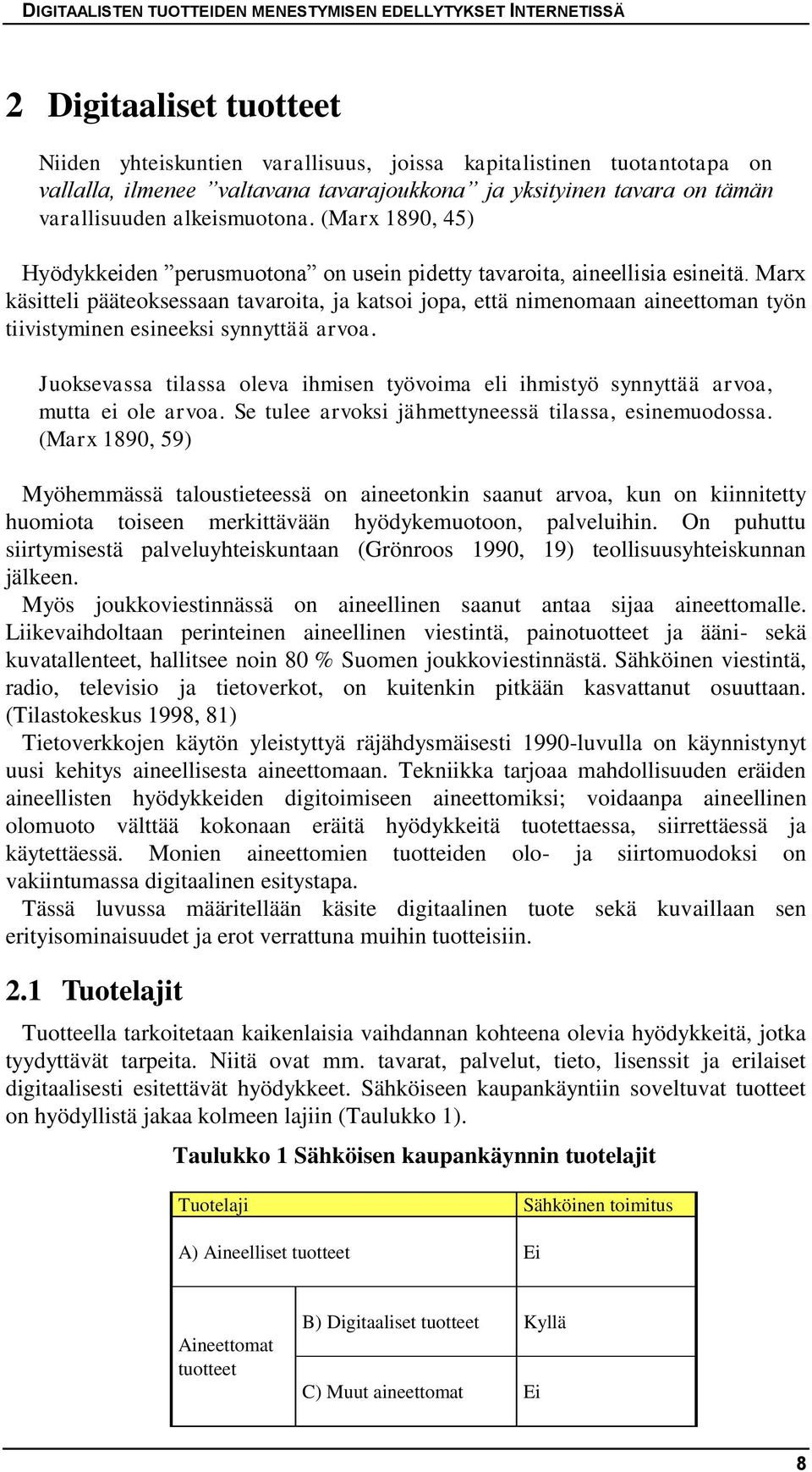 Marx käsitteli pääteoksessaan tavaroita, ja katsoi jopa, että nimenomaan aineettoman työn tiivistyminen esineeksi synnyttää arvoa.