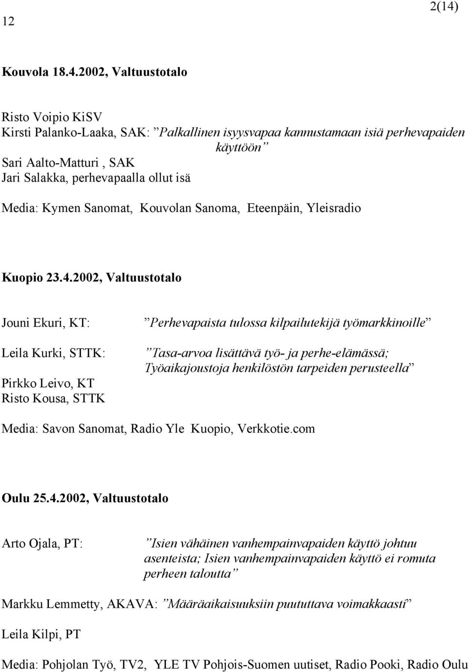 2002, Valtuustotalo Risto Voipio KiSV Kirsti Palanko-Laaka, SAK: Palkallinen isyysvapaa kannustamaan isiä perhevapaiden käyttöön Sari Aalto-Matturi, SAK Jari Salakka, perhevapaalla ollut isä Media: