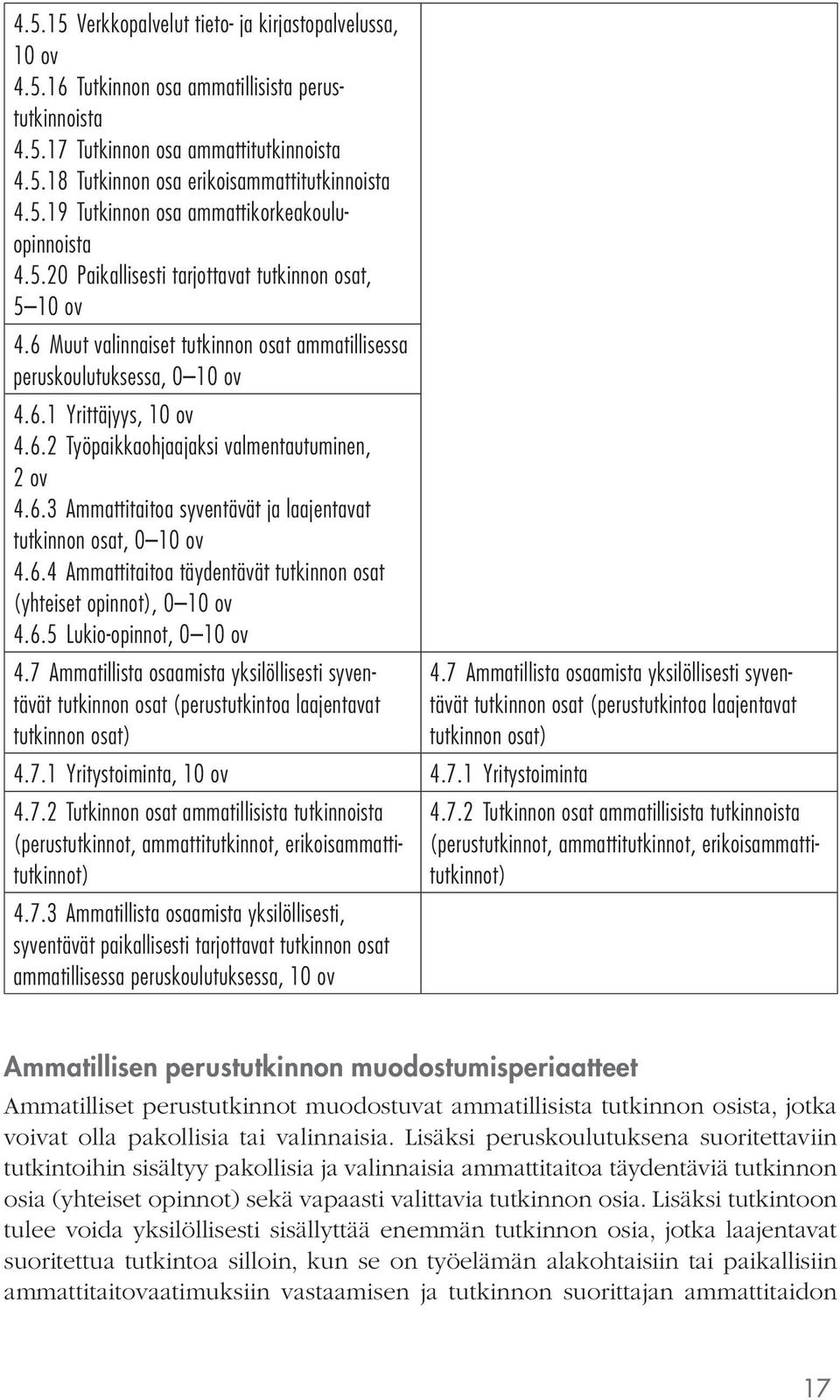 6.2 Työpaikkaohjaajaksi valmentautuminen, 2 ov 4.6.3 Ammattitaitoa syventävät ja laajentavat tutkinnon osat, 0 10 ov 4.6.4 Ammattitaitoa täydentävät tutkinnon osat (yhteiset opinnot), 0 10 ov 4.6.5 Lukio-opinnot, 0 10 ov 4.