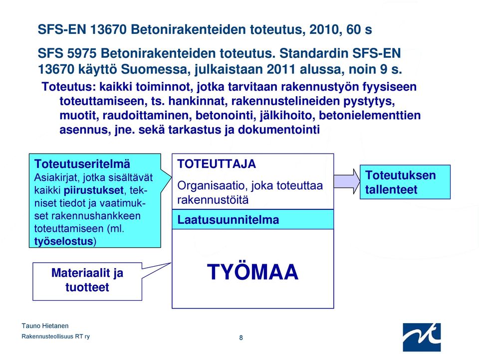 hankinnat, rakennustelineiden pystytys, muotit, raudoittaminen, betonointi, jälkihoito, betonielementtien asennus, jne.