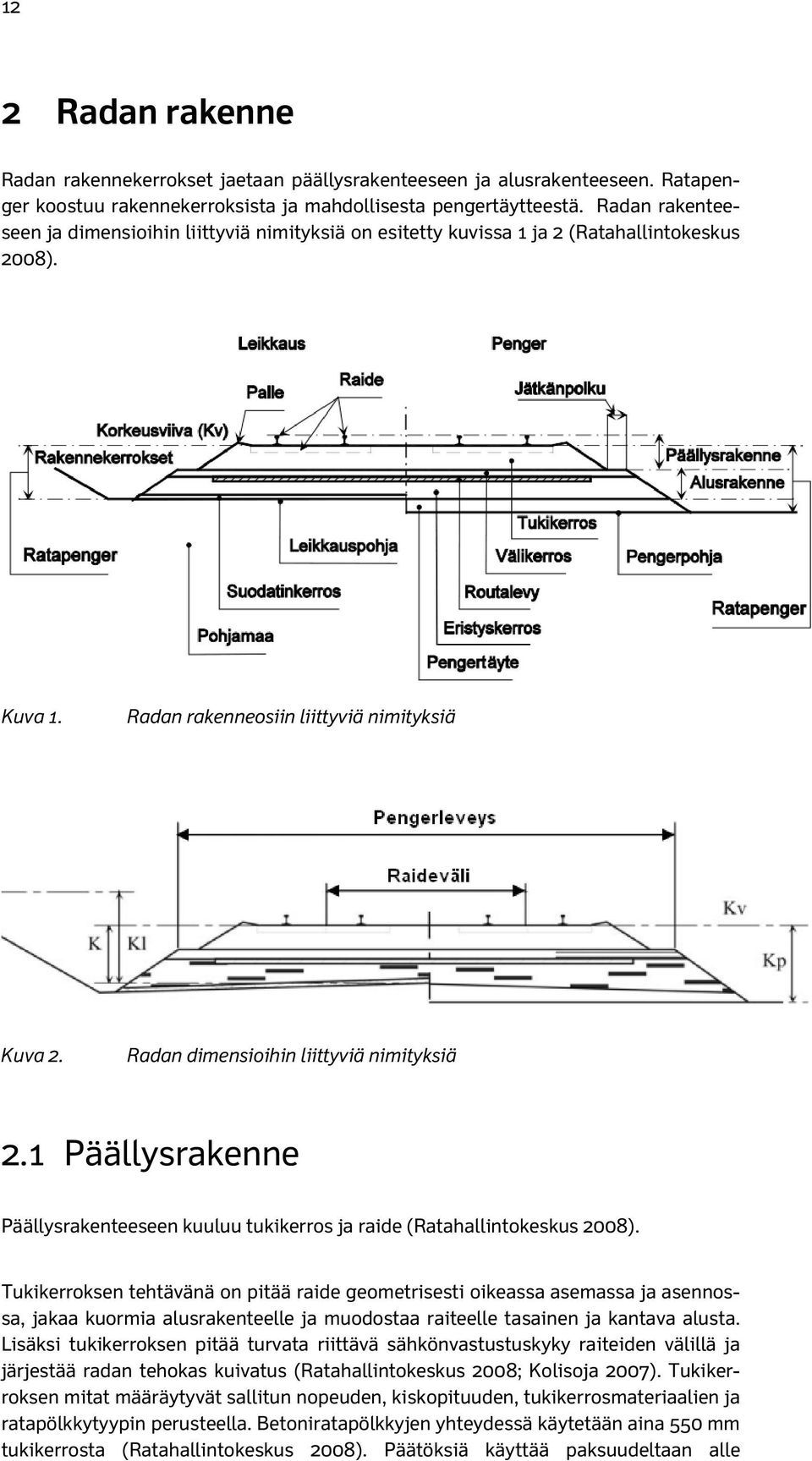 Radan dimensioihin liittyviä nimityksiä 2.1 Päällysrakenne Päällysrakenteeseen kuuluu tukikerros ja raide (Ratahallintokeskus 2008).