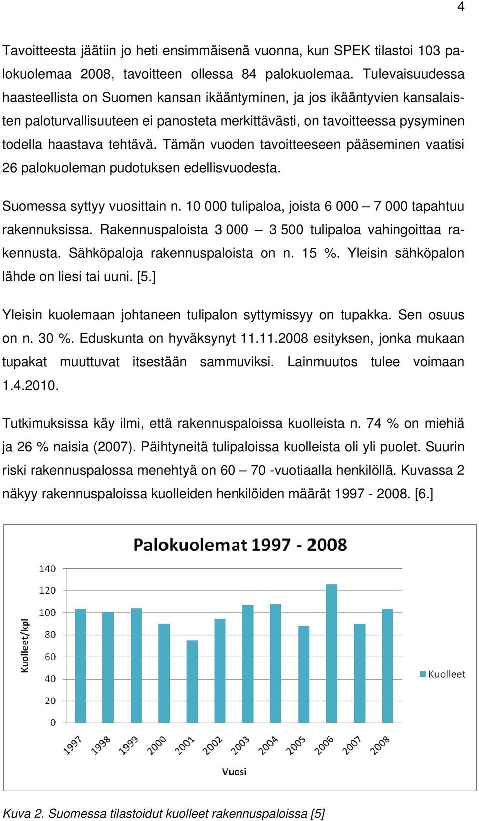 Tämän vuoden tavoitteeseen pääseminen vaatisi 26 palokuoleman pudotuksen edellisvuodesta. Suomessa syttyy vuosittain n. 10 000 tulipaloa, joista 6 000 7 000 tapahtuu rakennuksissa.