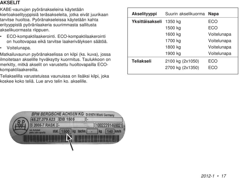 ECO-kompaktilaakerointi on huoltovapaa eikä tarvitse laakerivälyksen säätöä. Voitelunapa. Matkailuvaunun pyöränakselissa on kilpi (ks. kuva), jossa ilmoitetaan akselille hyväksytty kuormitus.