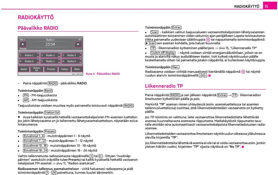 TP - liikenneradion kytkeminen päälle/pois sivu 15, Liikenneradio TP Switch off display - näyttö voidaan siirtää energiansäästötilaan, jolloin se on musta ja alarivillä näkyy audiolähteen tiedot.