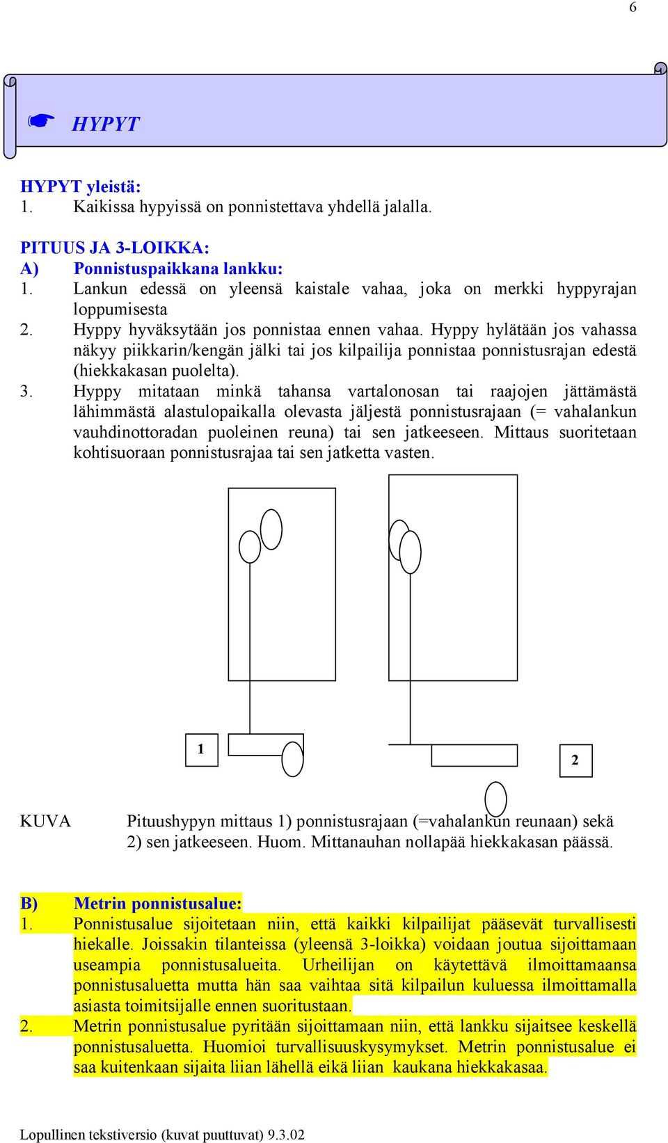 Hyppy hylätään jos vahassa näkyy piikkarin/kengän jälki tai jos kilpailija ponnistaa ponnistusrajan edestä (hiekkakasan puolelta). 3.